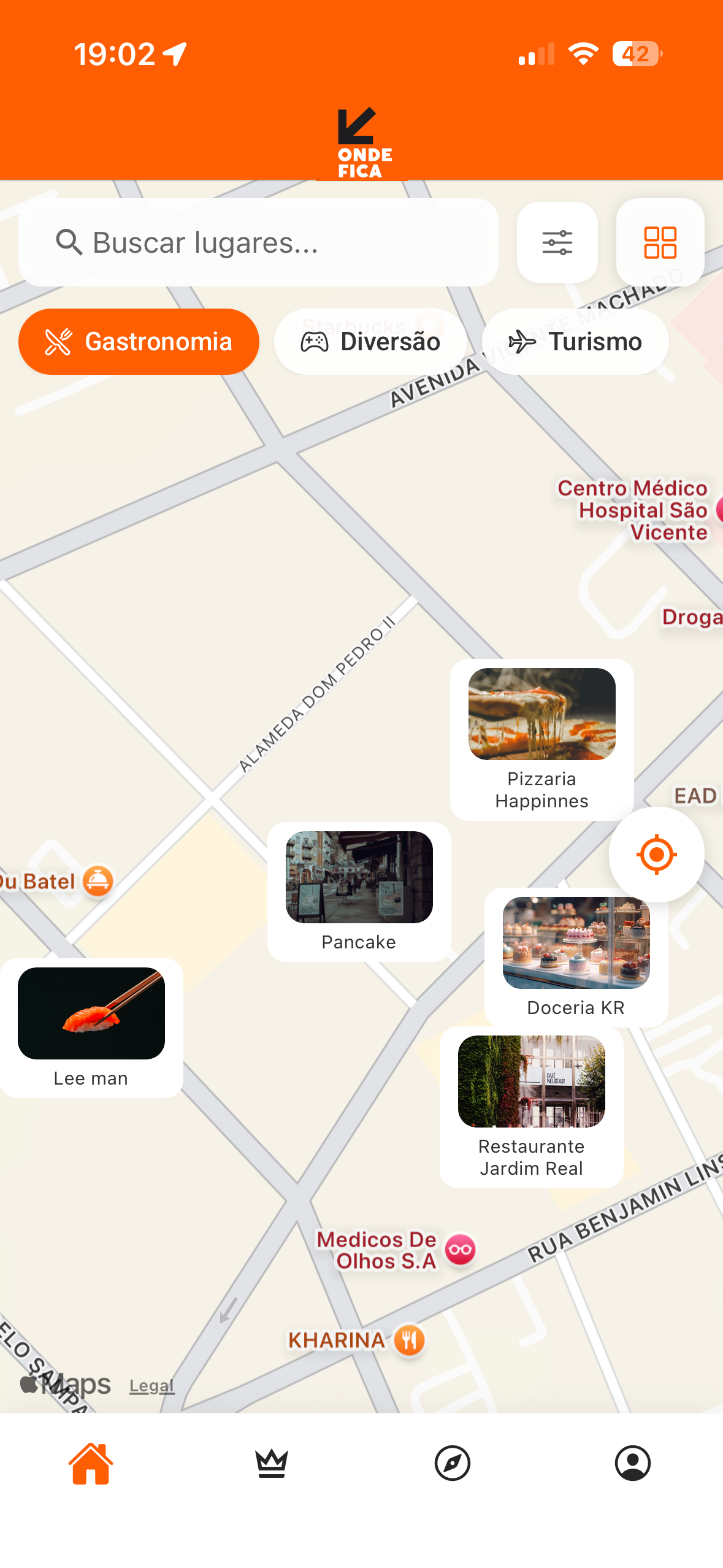 Tela do mapa com estabelecimentos parceiros em Curitiba