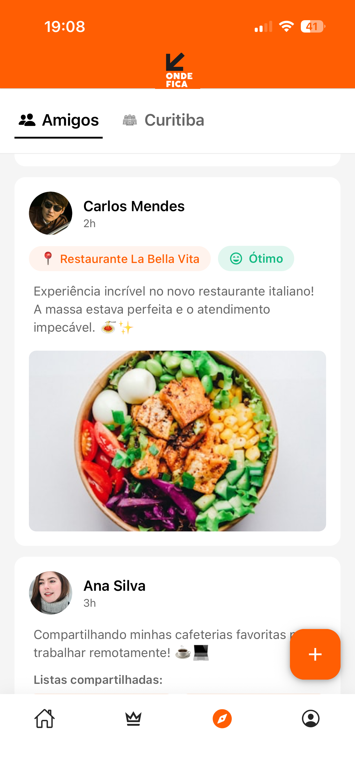 Feed de publicações dos amigos sobre estabelecimentos